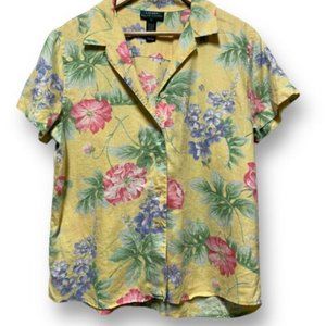 Lauren Ralph Lauren Hawaiian Floral Linen Button Front Shirt Large Short Sleeve